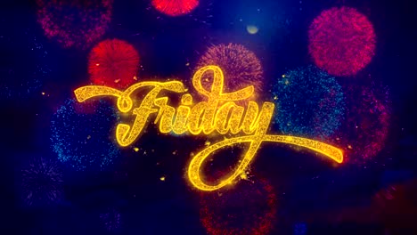 friday greeting text sparkle particles on colored fireworks