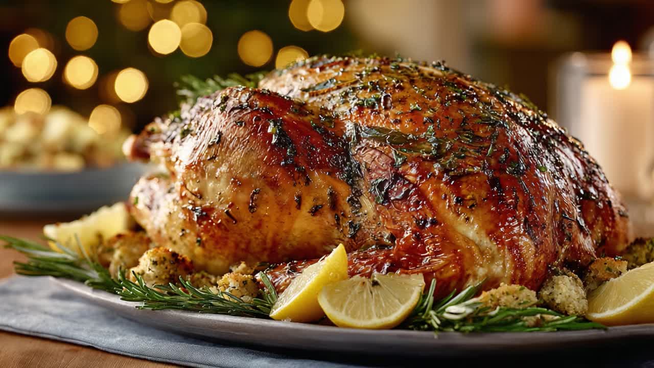 A Deliciously Roasted Turkey with Lemon and Herbs on a Festive Table, Accompanied by Savory Stuffing and Soft Candlelight for a Perfect Holiday Feast