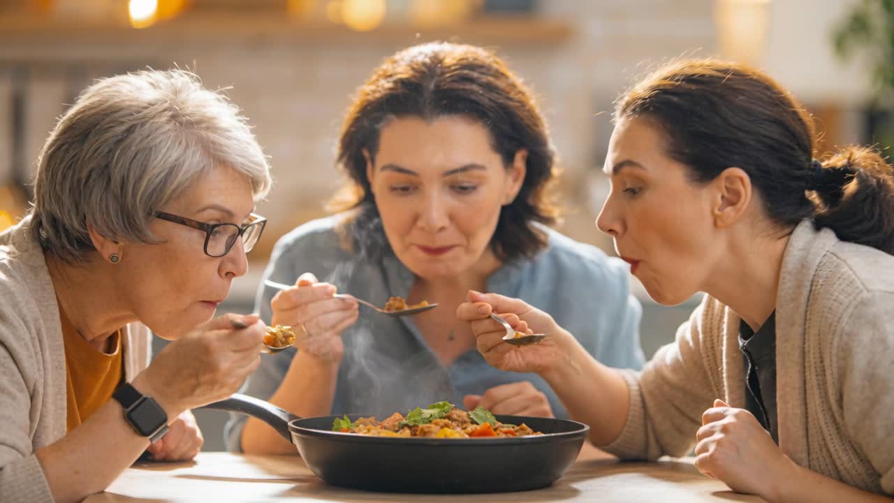 Familietrio løfter metalskeer, smager og tjekker smagen i hjemmekøkkenet med en sort stegepande.