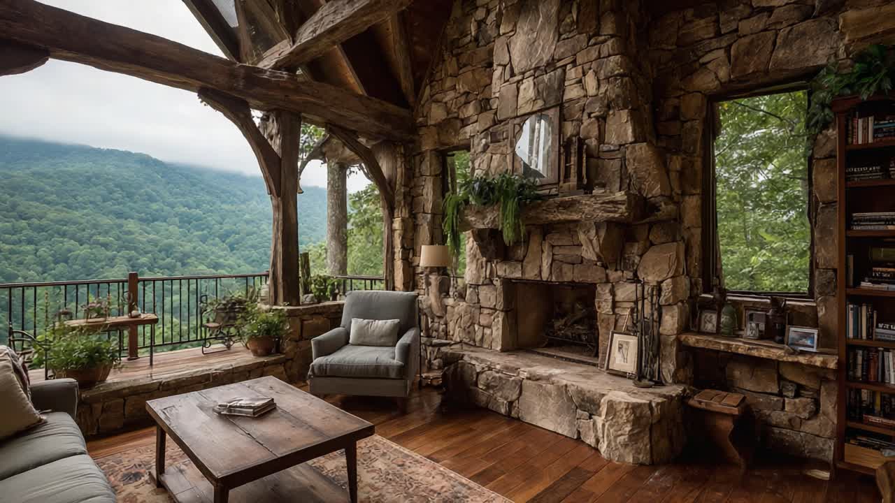 Cozy and Inviting Stone Cabin Living Room with Magnificent Mountain View, Rustic Decor Accents, and Abundant Nature Elements Enhancing the Atmosphere