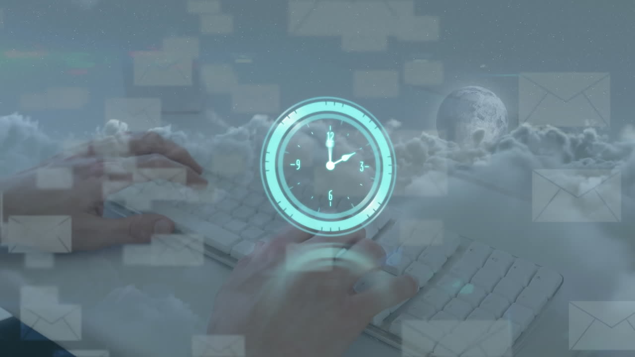 Animation of moving clock and envelope icon over hands typing on keyboard and sky with clouds