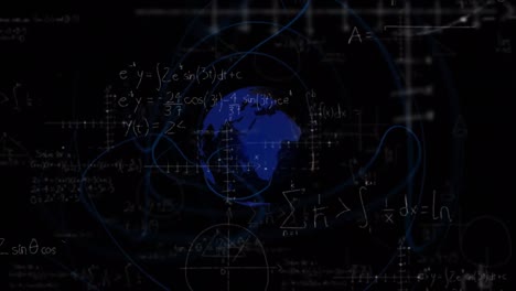 Animation-of-mathematical-equations-over-globe-on-black-background