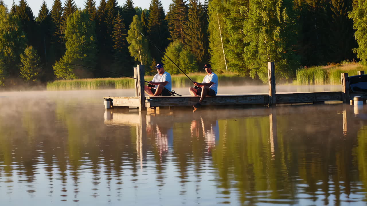 Two Men Fishing on a Misty Morning Lake Pier