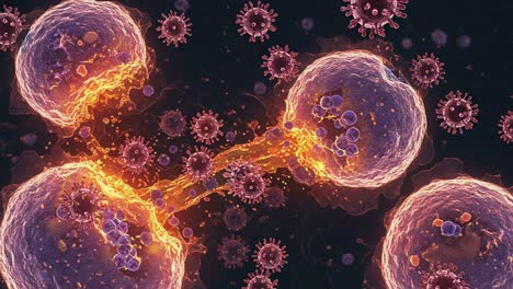 an immersive visualization of cellular interactions, featuring immune response as cells communicate and engage with pathogens in a vibrantly animated microscopic environment