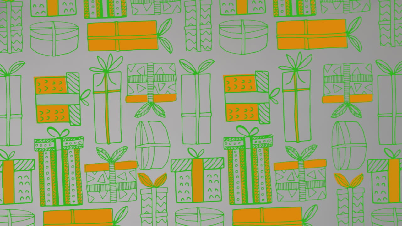 Animation of green and orange presents on grey background