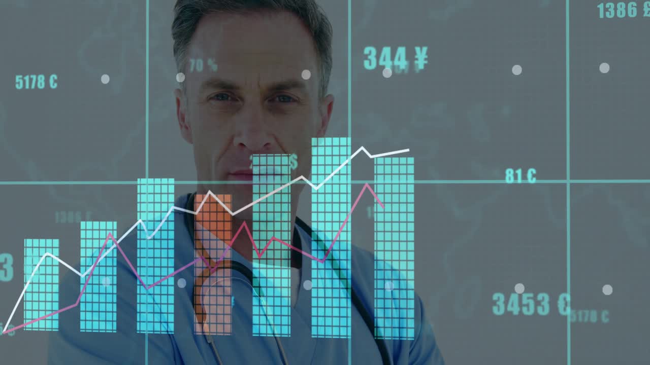 Currency values sliding around clinician lowering arms as bar charts rising for visualizing finance