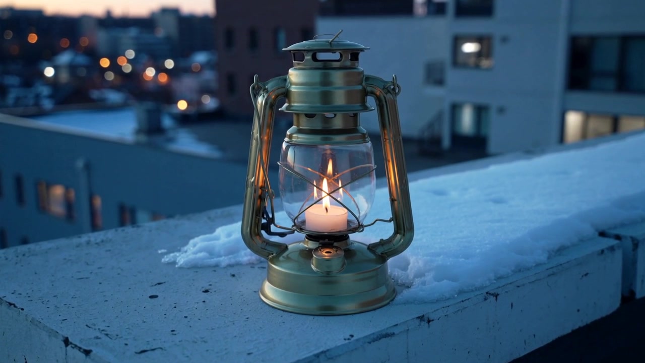 La telecamera si avvicina, mostrando una lanterna di ottone posizionata su un cornicione del tetto al tramonto, per evidenziare la fiamma della candela.