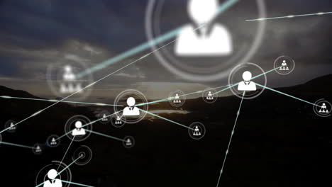 data processing animation showing network of connections over landscape scene