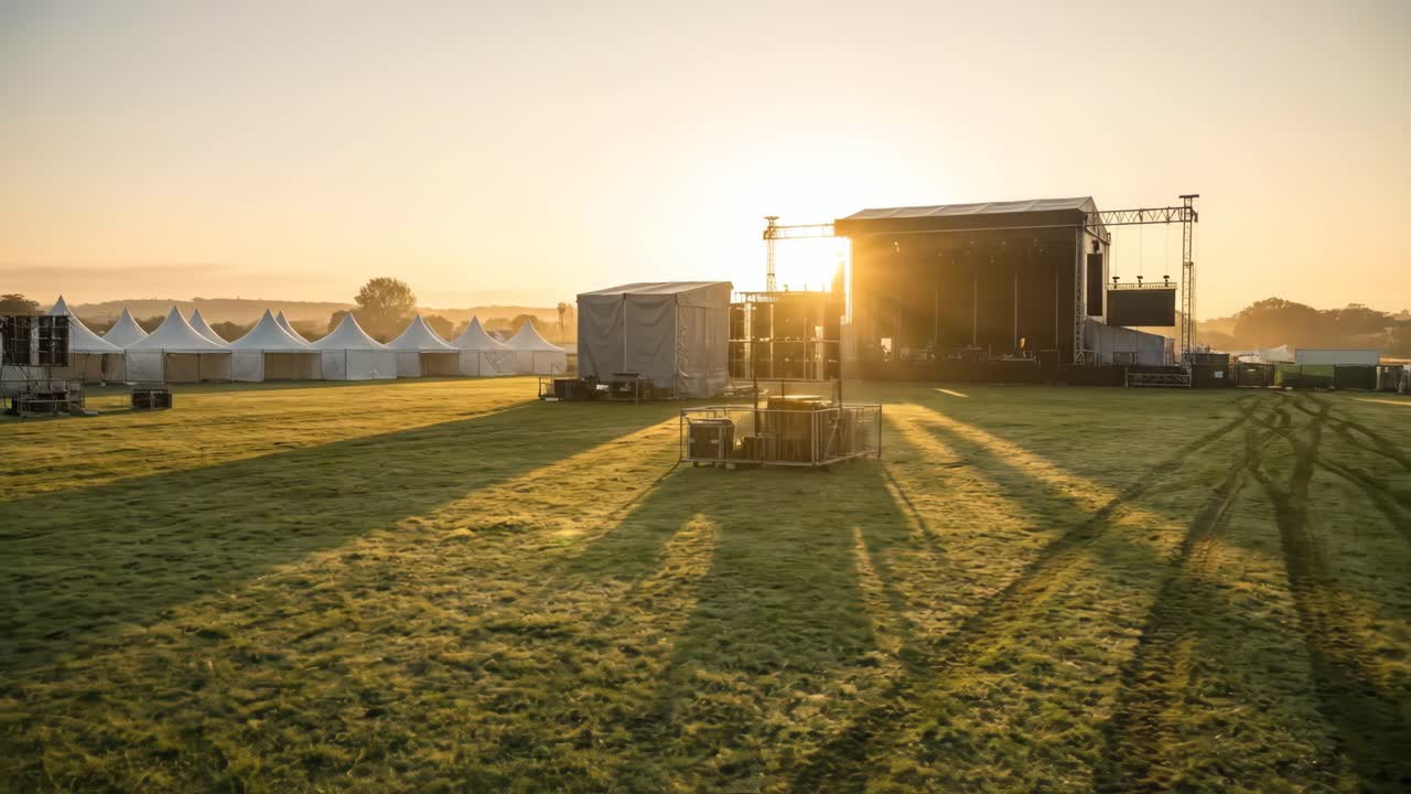 Solopgang over en tom udendørs festivalplads med scene og telte