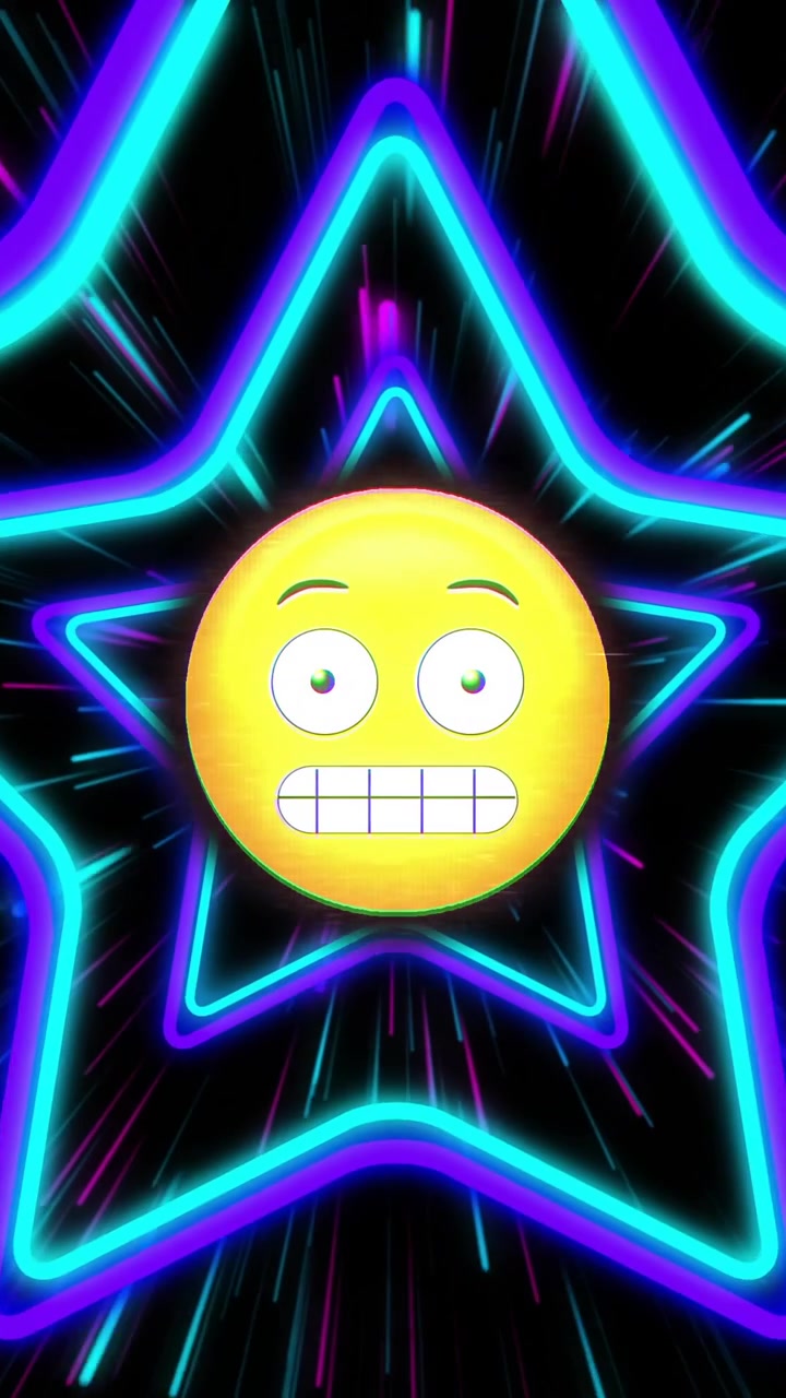 Animazione di emoji sorridente su forme di stelle al neon su sfondo nero.