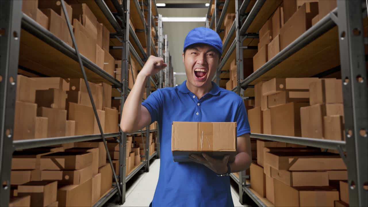 mensajero masculino asiático en uniforme azul celebrando el éxito entregando una caja en el almacén