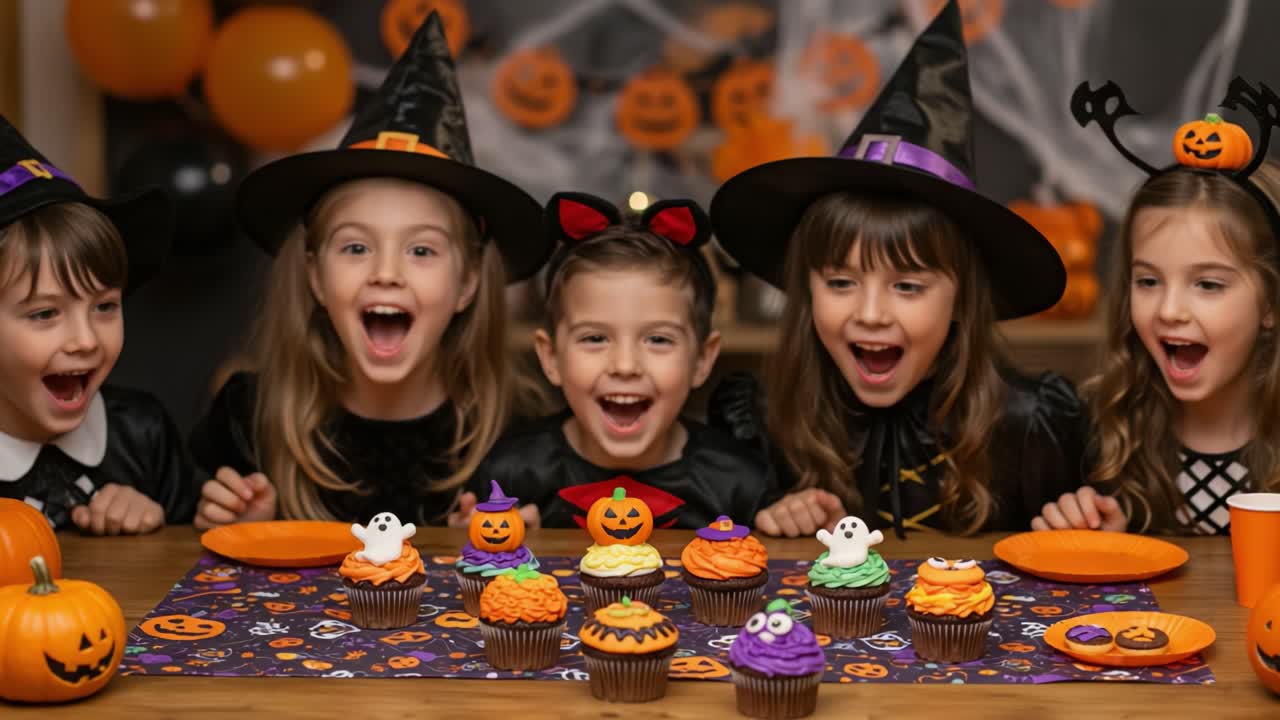Excited Children in Halloween Costumes Gather Around Festively Decorated Cupcakes, Eager to Celebrate with Spooky Treats and Joyful Smiles