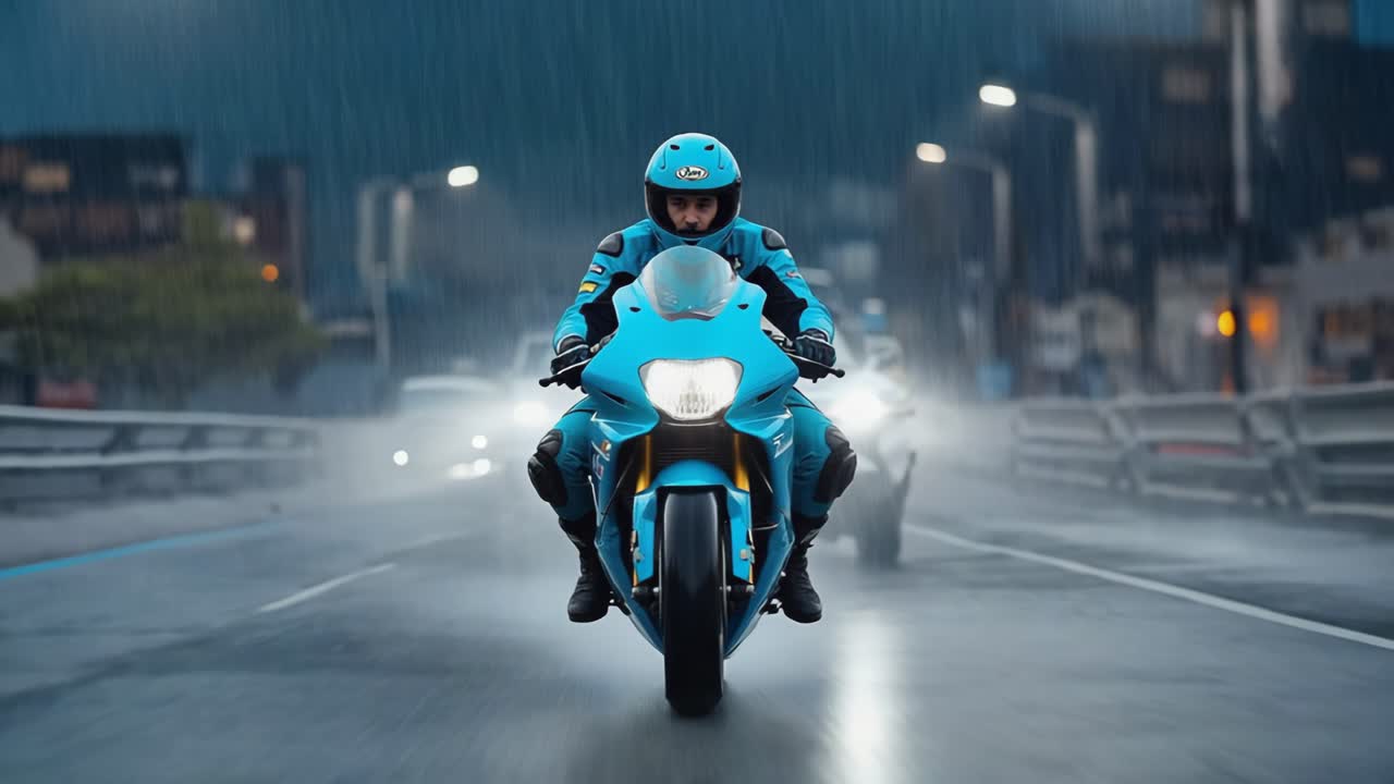 Biker on a blue sport motorcycle riding on a wet road at night