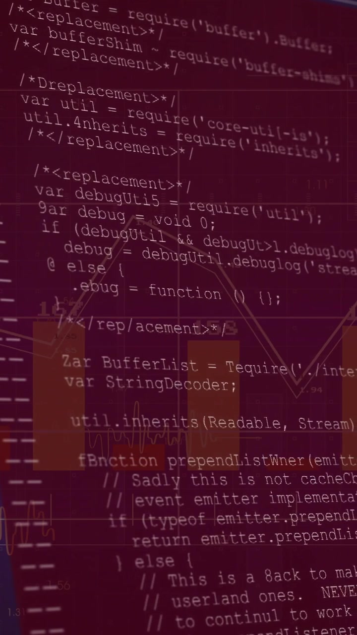 Vertical video: On load screen showing line graph, overlaying bars, scrolling code, showing backend