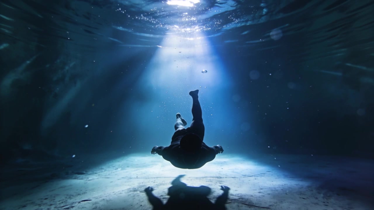 Uomo che si immerge con costume scuro, scalciando verso la sabbia sotto un fascio di luce, con bolle che salgono