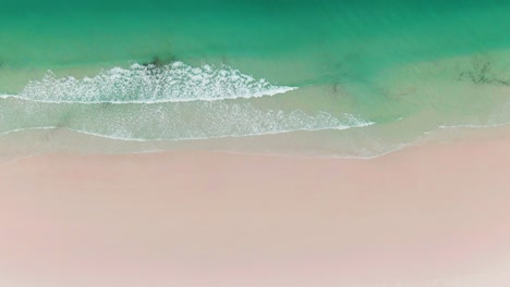 aerial birds eye view of turquoise blue sea waves washing over a pristine white sand beach in whitsunday, australia