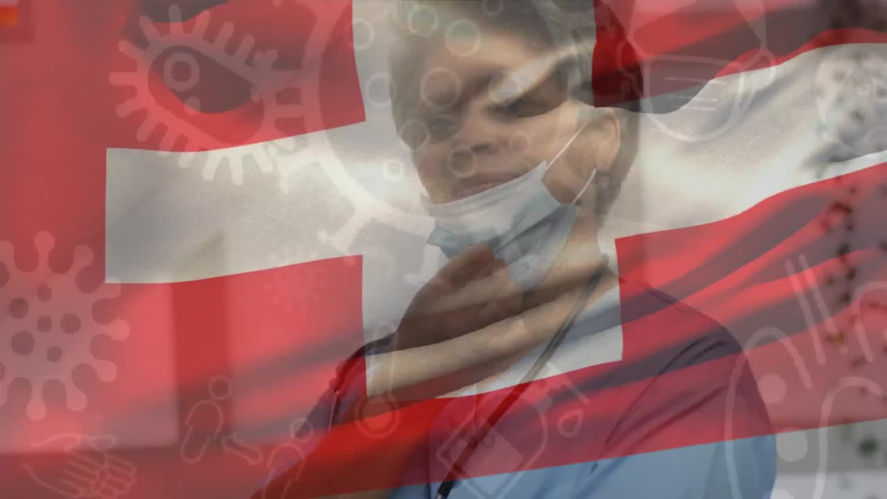 스위스  ⁇ 발의 애니메이션과 코로나19 관련 그림과 웃는 여성 의사가 마스크를 벗고 있습니다.