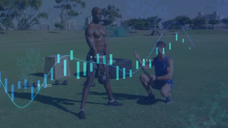 male trainee performing kettlebell swing with trainer guiding and floating fitness data display
