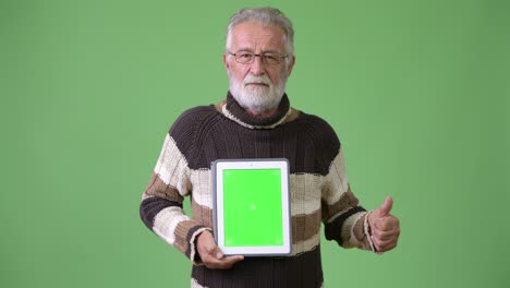 hombre barbudo y guapo con ropa cálida contra un fondo verde