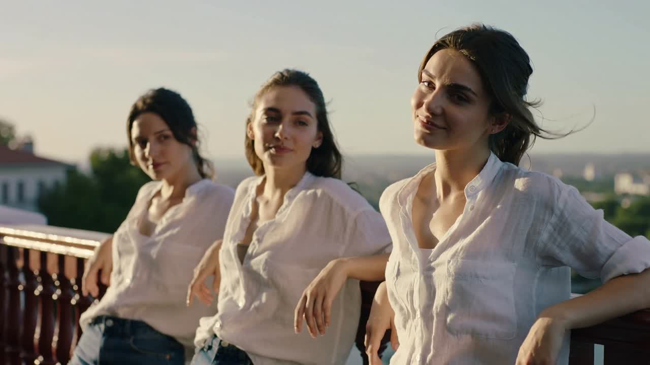 Tres mujeres con camisas apoyadas en una barandilla, la cámara acercándose, la de la derecha moviéndose, la del centro girándose y compartiendo una sensación de calma.
