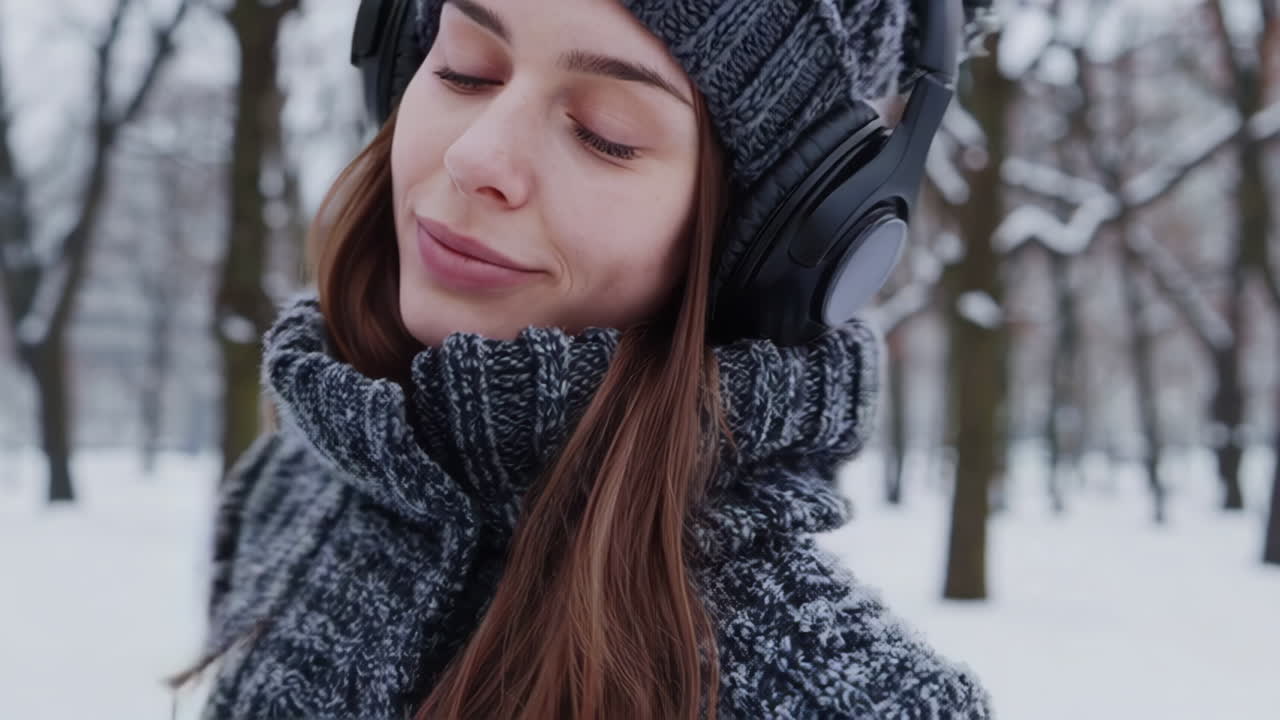Young Woman Listening to Music in a Snowy Winter Park