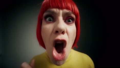 woman with red wig and funny expressions