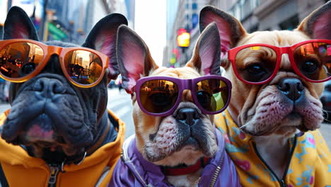 three dogs wearing sunglasses and jackets pose for a photo. scene is playful and fun
