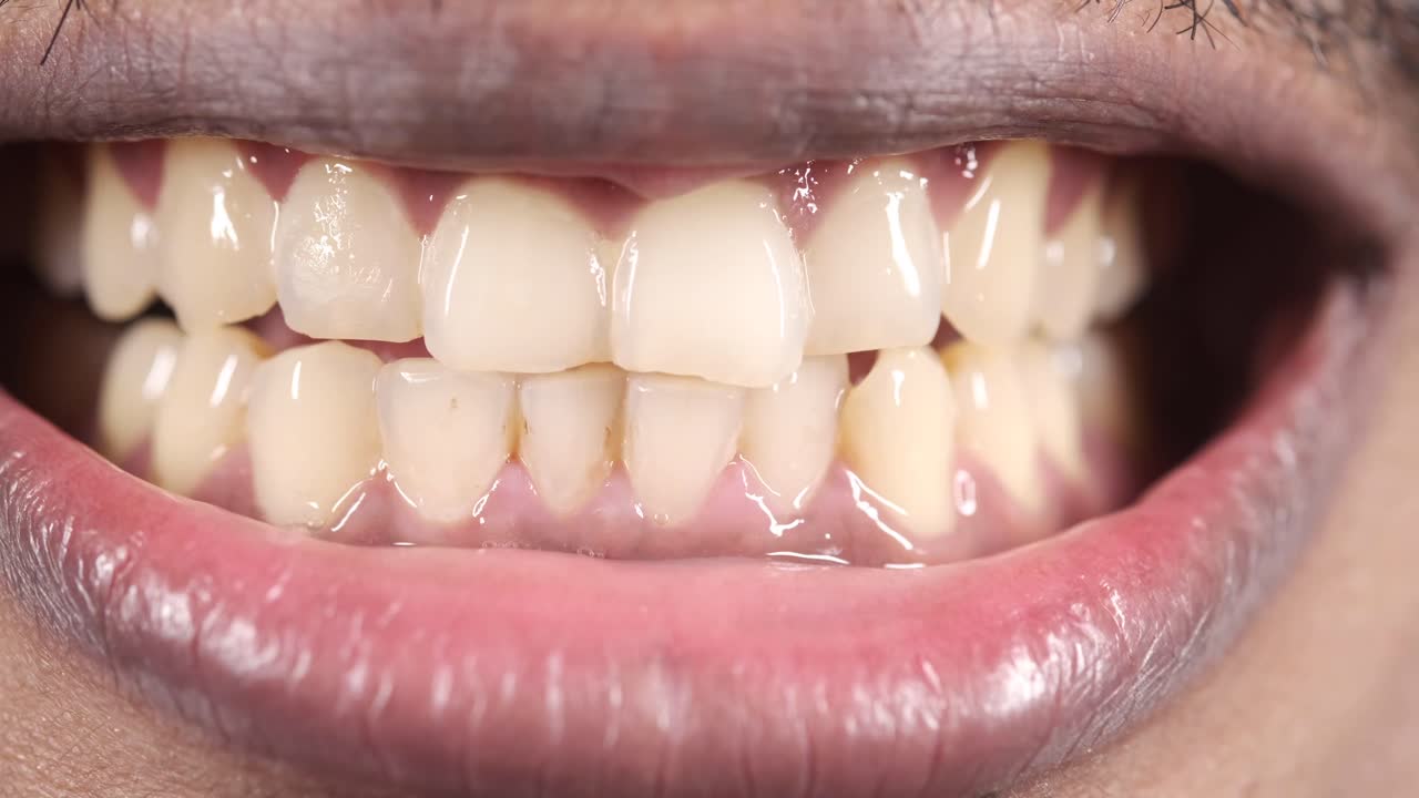 열린 입에서 치아가 나타납니다.
