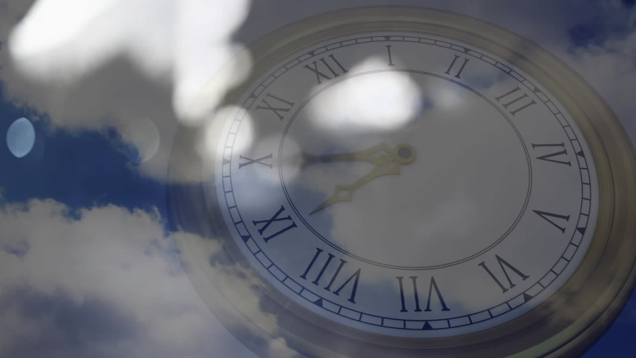 Clouds drifting, reflecting on faint Roman numeral clock, hands advancing clockwise showing time