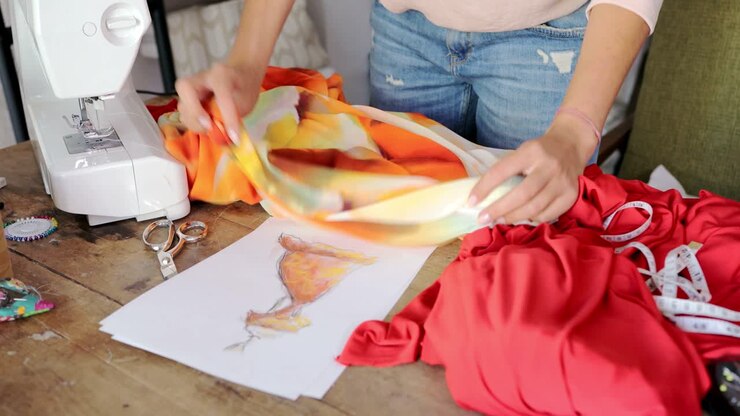 Crop seamstress choosing fabric for dress