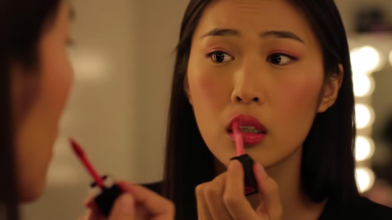 Woman Applying Lip Gloss in Front of Mirror: A Close-Up of Beauty and Skincare Routine Highlighting Cosmetic Application Techniques and Different Expressions of Self-Care