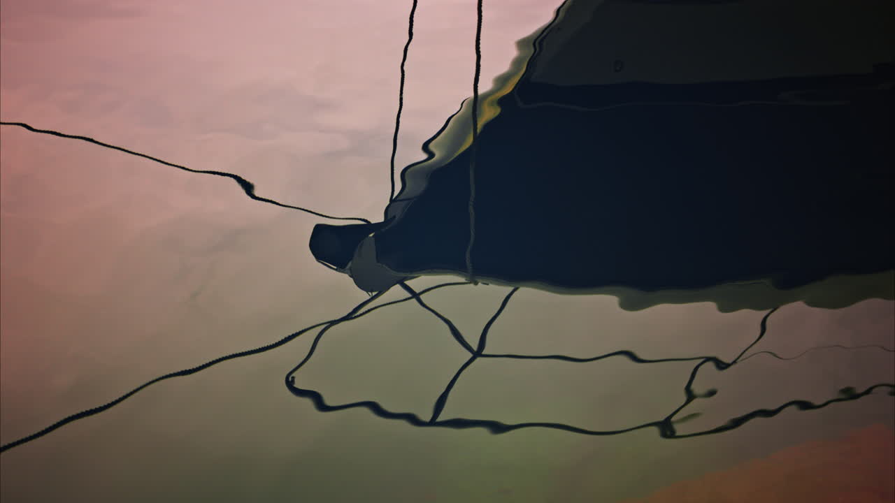 The water reflection of a boat docked in a harbour