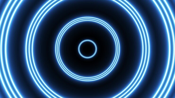 Fundo gráfico em movimento em loop contínuo com três círculos de néon azuis. Animação abstrata de voo futurista em túnel