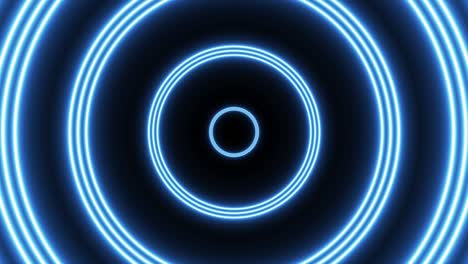 fondo gráfico de movimiento de bucle sin costuras con tres círculos de neón azul. vuelo futurista abstracto en animación de túnel