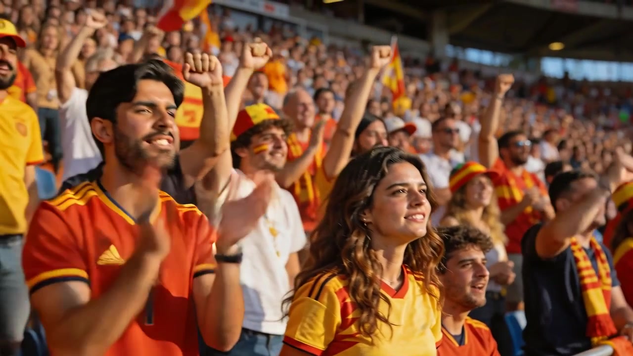 Mujer con camiseta amarillo-roja levantando los brazos y gritando en el estadio después de una jugada en el campo, agitando banderas.
