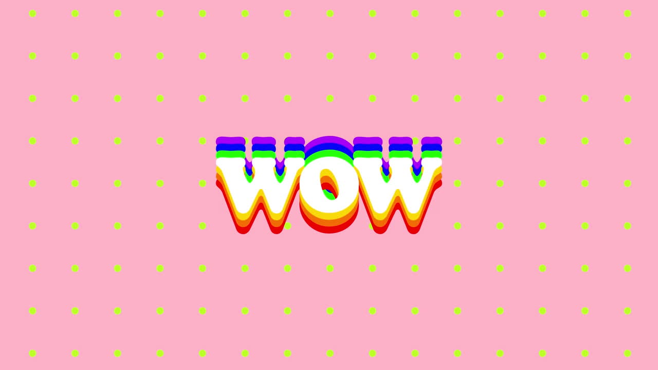 분홍색 배경에 노란색 점 줄에 대하여 와우 텍스트의 디지털 애니메이션
