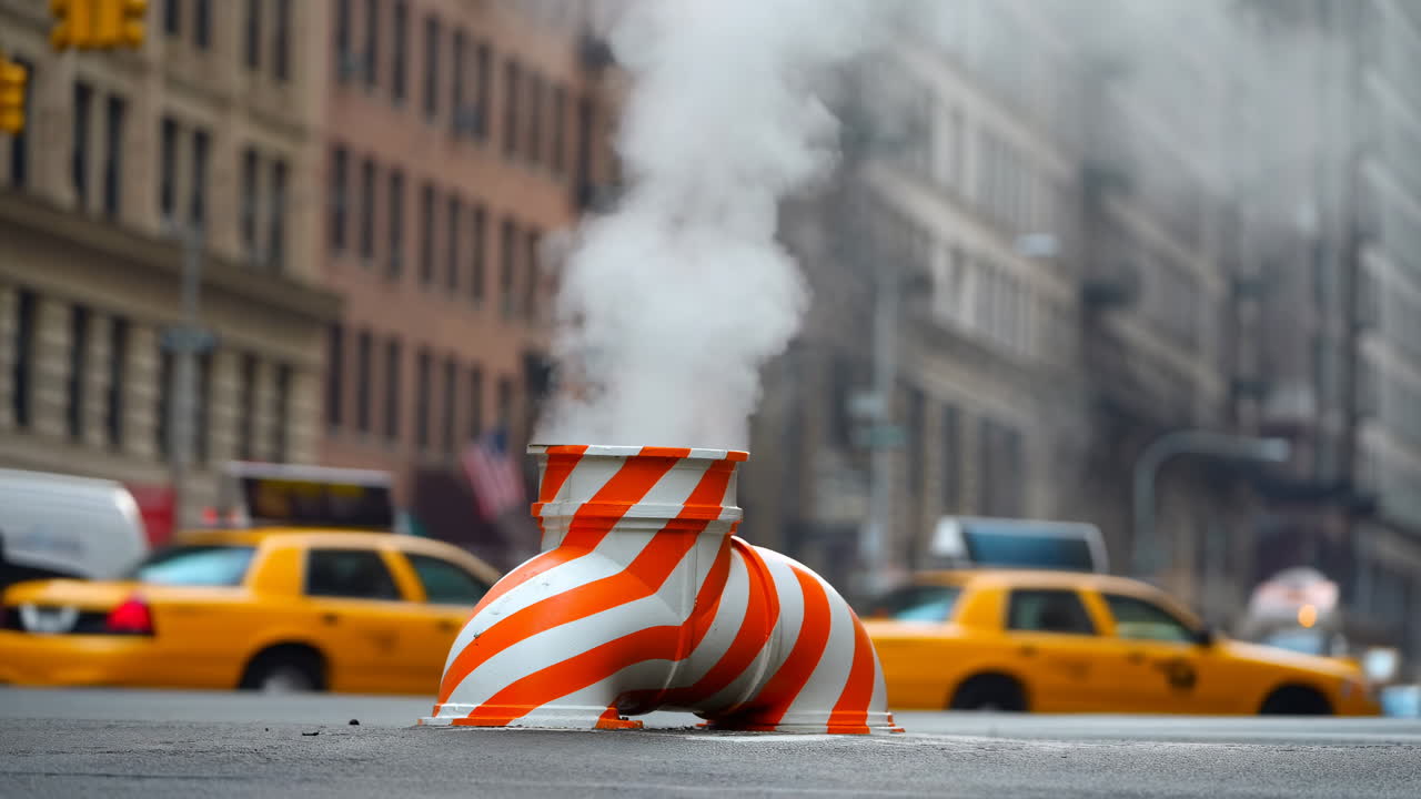 ニューヨークの街路にあるオレンジと白のパイプから立ち上る蒸気