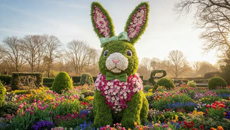 a vibrant floral bunny sculpture surrounded by colorful flowers in a lush garden during springtime, showcasing nature's beauty and playfulness