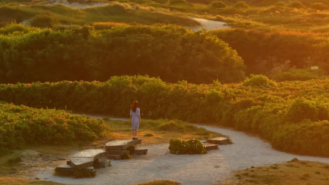 무인 항공기가 팔을 펴고 있는 여자를 돌고 있습니다. 영화적인 해가 지는 빛, 카트위크의 모래 언덕