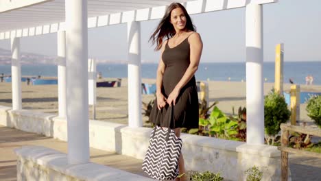 Attractive-woman-waiting-on-a-seafront-promenade