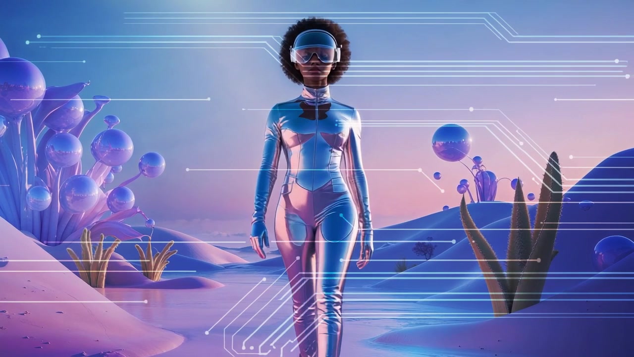 Activating overlays, bodysuit-clad explorer walking toward camera on alien dunes for exploration