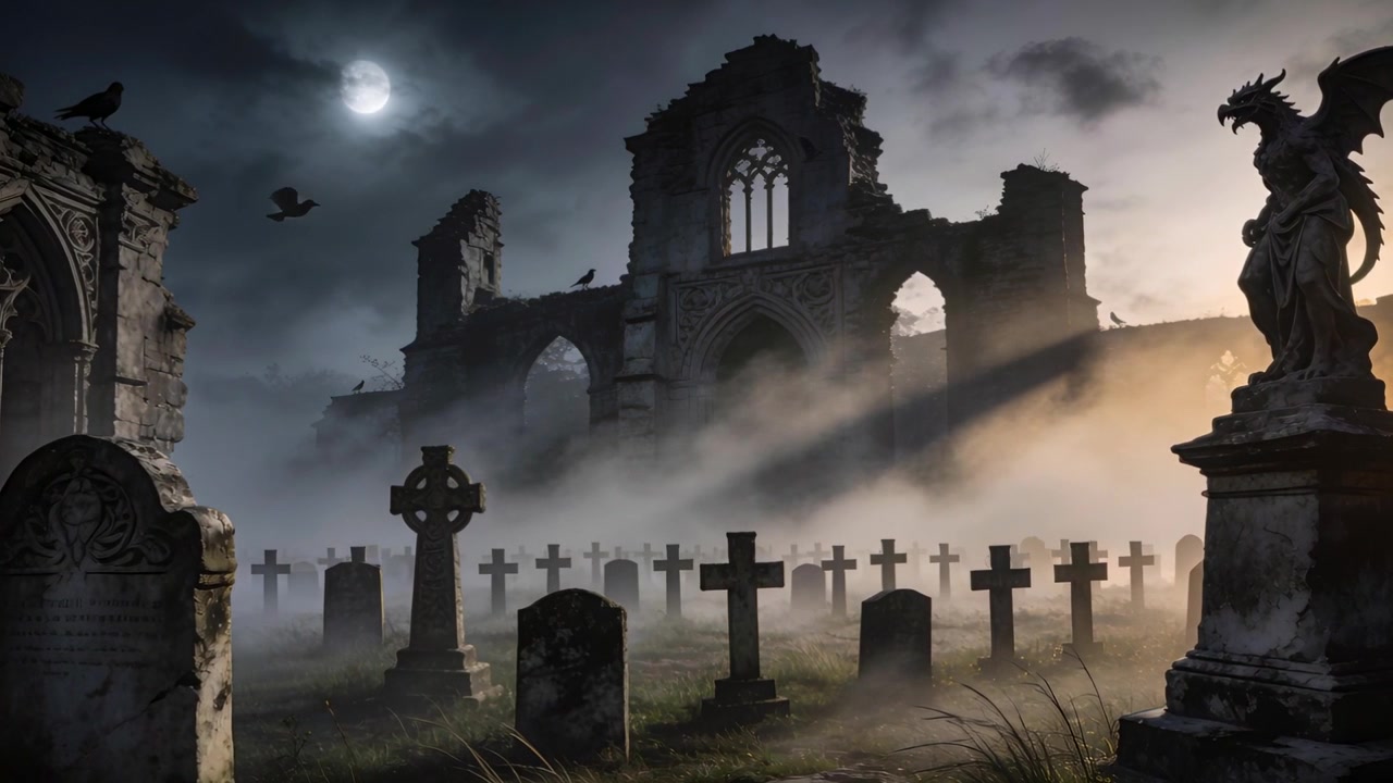 Nebbia che si dirada e corvi che reagiscono al vento leggero, rivelando croci di cimitero e una statua di gargoyle.