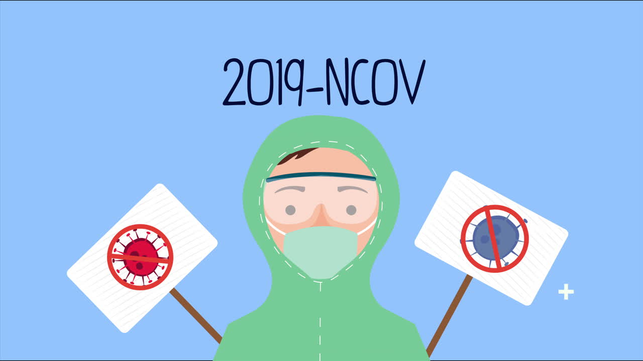 바이오세이프티 슈트와 스 코로나19 배너를 입은 의사