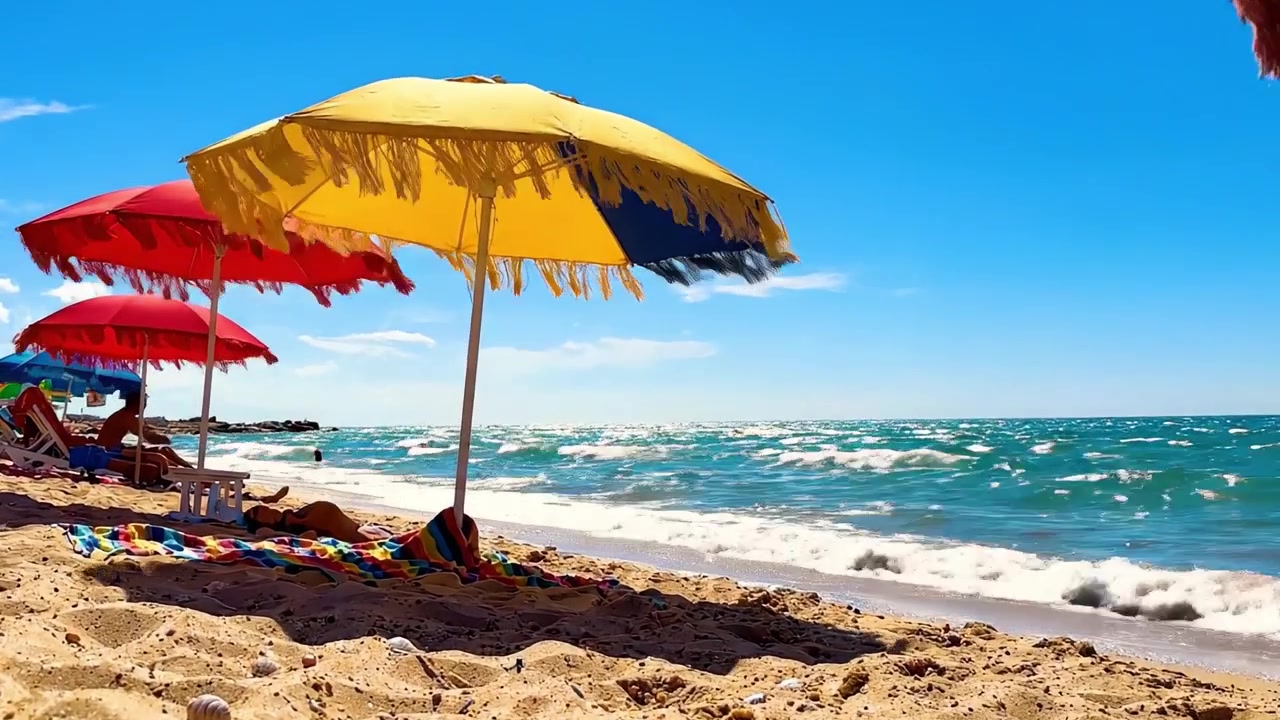 Una pittoresca scena da spiaggia con ombrelloni colorati, conchiglie su una riva sabbiosa e onde scintillanti sotto un cielo azzurro e limpido.