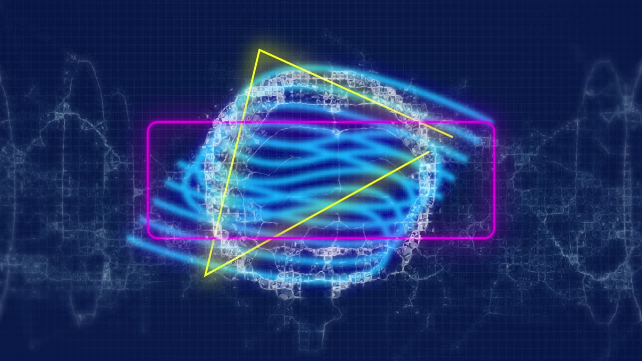Animation of multi colored neon line designs with abstract pattern in background