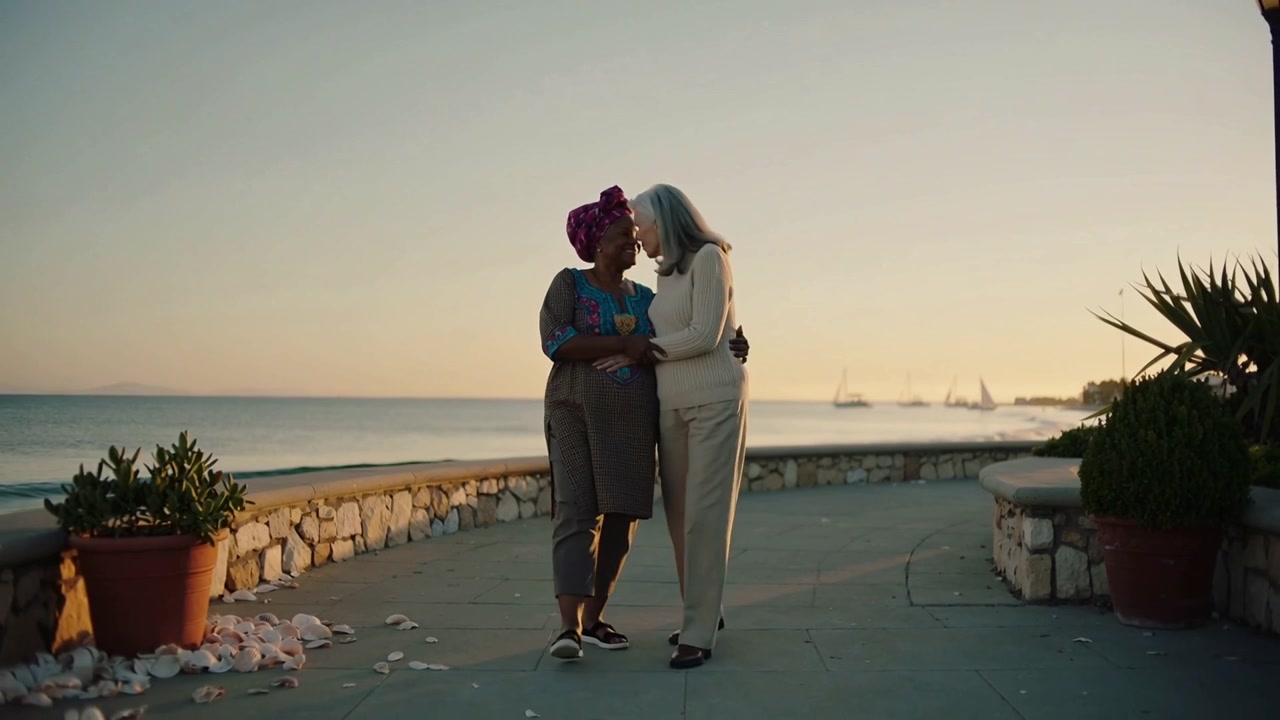 Walking women in tunic and sweater, linking arms on seaside promenade at sunset, with sailboats