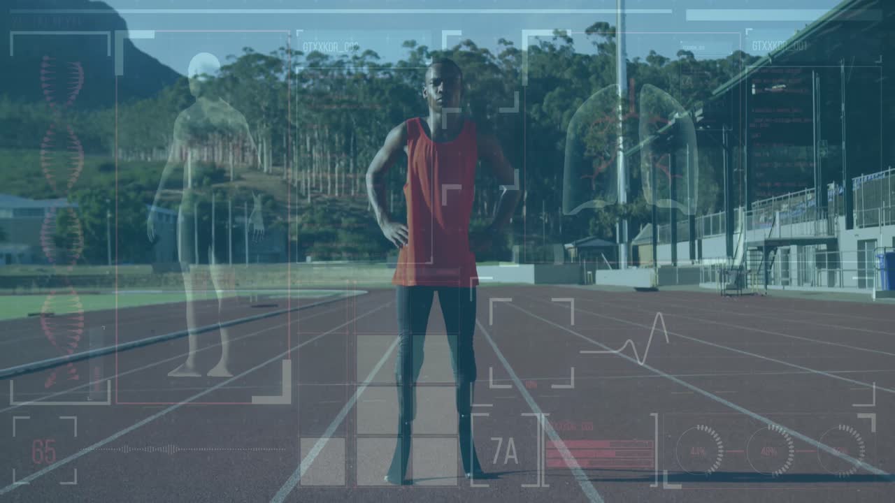 animación del procesamiento de datos digitales sobre un atleta masculino discapacitado con cuchillas de correr en la pista de carreras