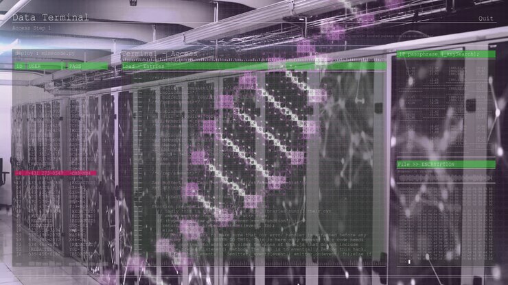 Animation of dna strand and data processing over server room
