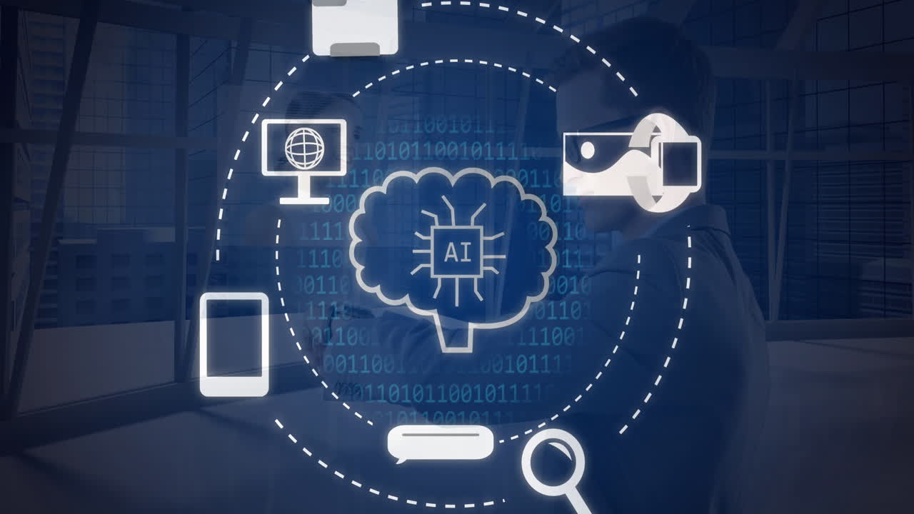 Animation of ai data processing and icons over blue background