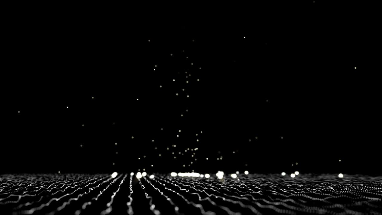 Sfere luminose cadono dall'alto e rimbalzano su una griglia di punti in movimento generando altre sfere. Sfere luminose cadono come gocce di pioggia su un pavimento.